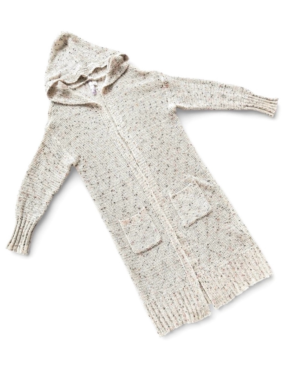 Alya Long Line Open Front Cardigan Cream with Multicolor Flecks Hooded Duster M